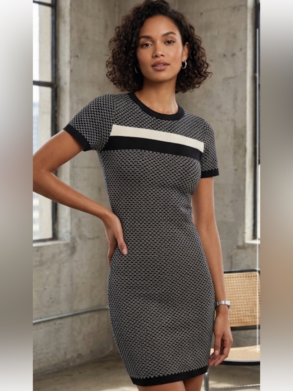 LUCY PARIS Black & Cream Knit Mini Bodycon Sweater Dress – Size Large –